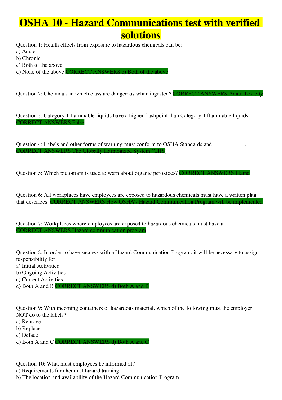 Preview image for OSHA 10 - Hazard Communications test with verified solutions